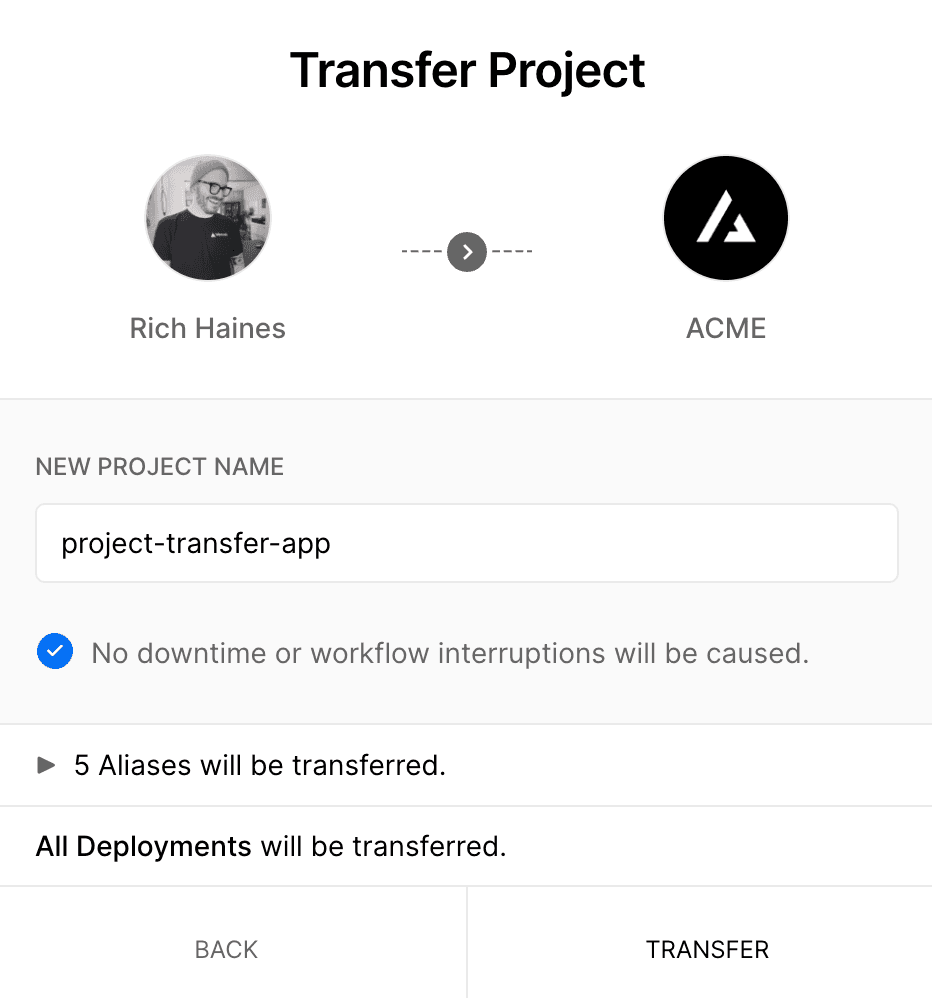 Reviewing the project data that will be transferred to the target Vercel team, and choosing a new project name.