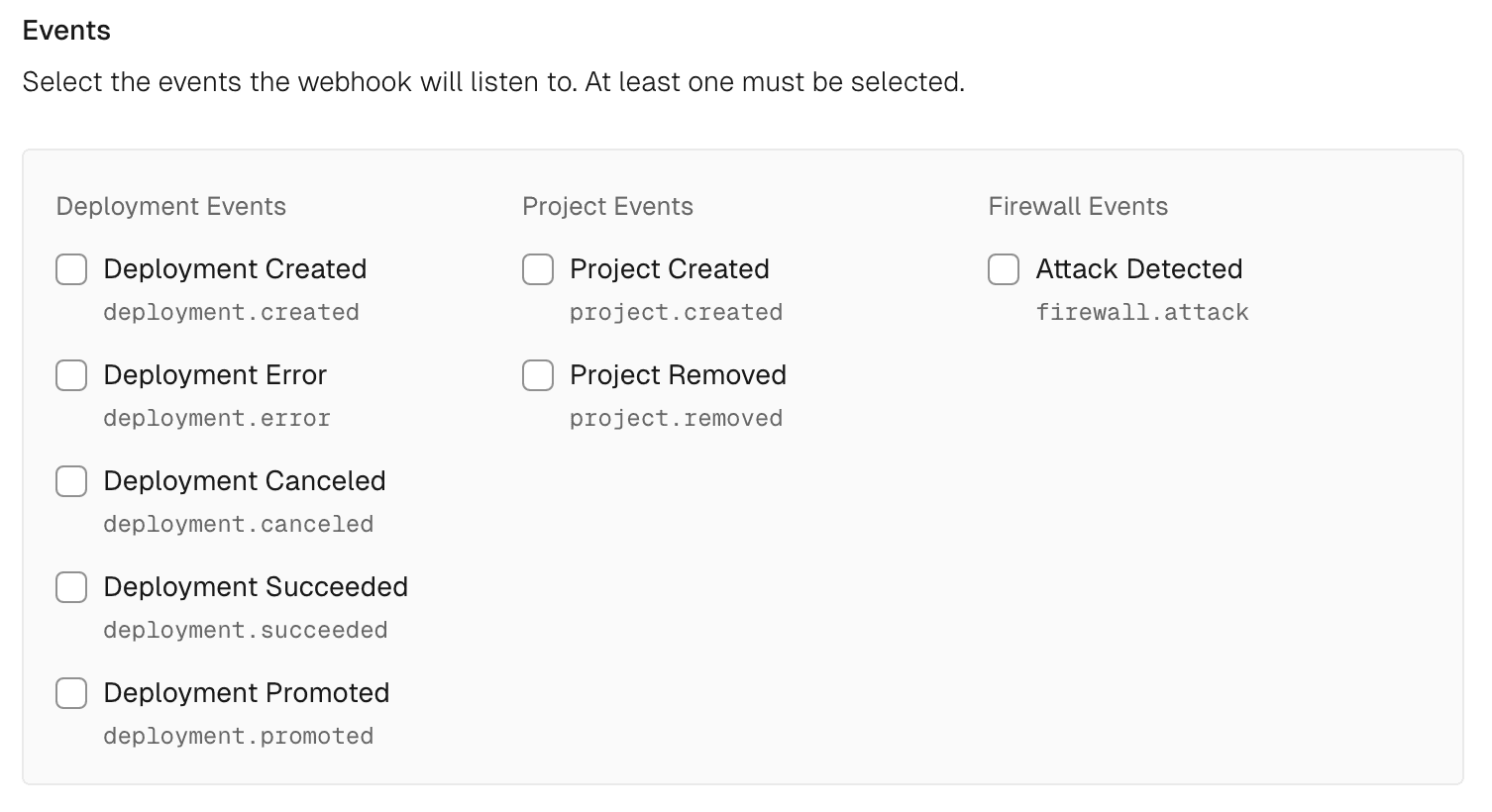 Select events for your webhooks to listen.