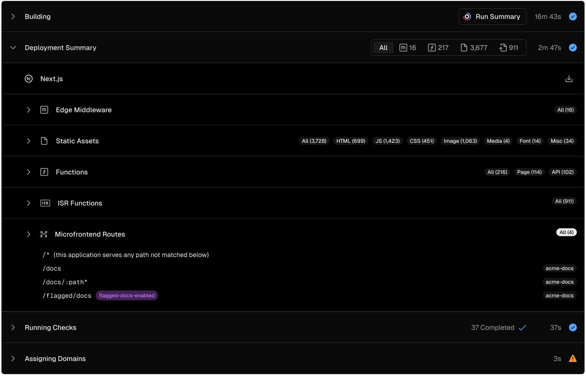 Listing of all paths served by a microfrontend in the Deployment Summary.