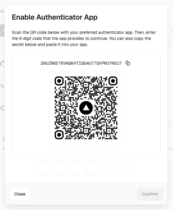 The time-based one-time password (TOTP) setup modal.